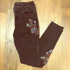 Embroidered Mid Rise Skinny Black Jeans